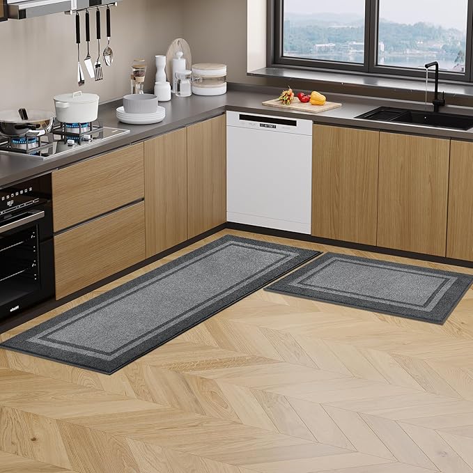 Kitchen Rugs Set (24" x 36"+24" x 60"), Non-Slip Machine Washable Kitchen Runner Rugs Floor Mats, Absorbent Comfort Standing Mat for Kitchen, Sink and Hallway, Rolled Packaging, Light Grey & Dark Grey