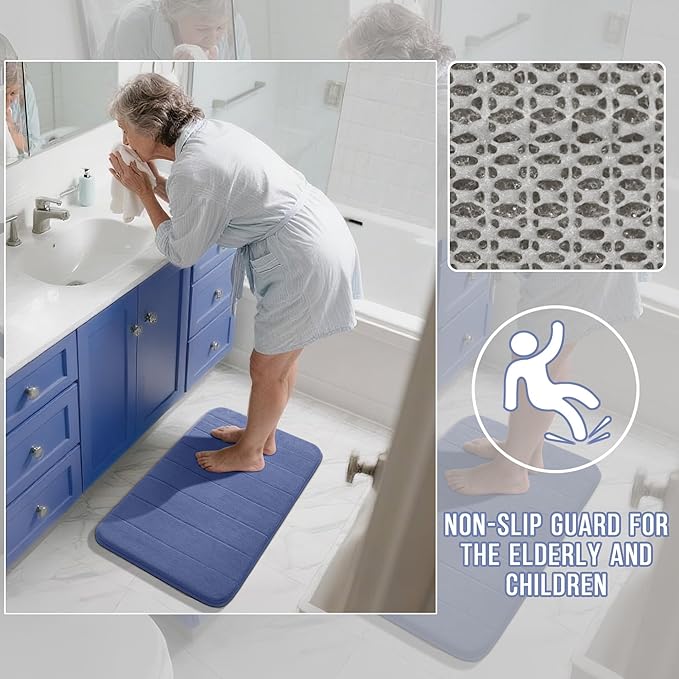 Yimobra 3 Pieces Memory Foam Bath Mat Set with U-Shaped Toilet Rug - Non Slip Super Soft Absorbent Quick Dry Bathroom Rugs for Bathtub, Vanity & Toilet Base, Navy Blue