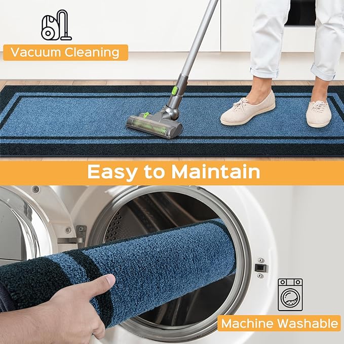 Kitchen Rugs 24" x 84", Non-Slip Machine Washable Kitchen Runner Rugs Floor Mats, Absorbent Comfort Standing Mats for Kitchen, Sink, Laundry and Hallway, Rolled Packaging, Light Blue & Navy