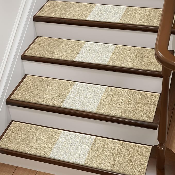 OLANLY Stair Treads Non Slip 4PCS, 8" x 30" Indoor Stair Runners for Wooden Steps, Edging Stair Rugs with Reusable Peel and Stick Adhesive for Kids Elders and Pets, Beige