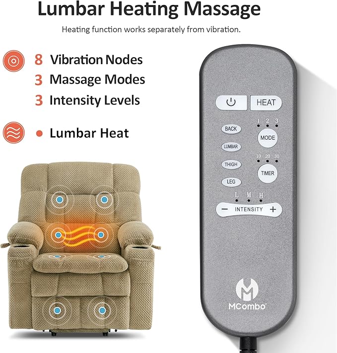 MCombo Dual Motor Power Lift Recliner Chair for Elderly, Lay Flat Lift Chair with Heat and Massage, Petite Lift Chair, Cup Holders, USB A&C Ports, Fabric 7893 (Small, Beige)