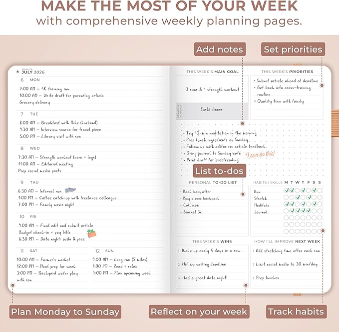 Clever Fox Dated Planner Premium 2026 – Weekly Agenda for Planning & Time Management –Notebook with Habit Tracker & To-do List (Rose Gold)