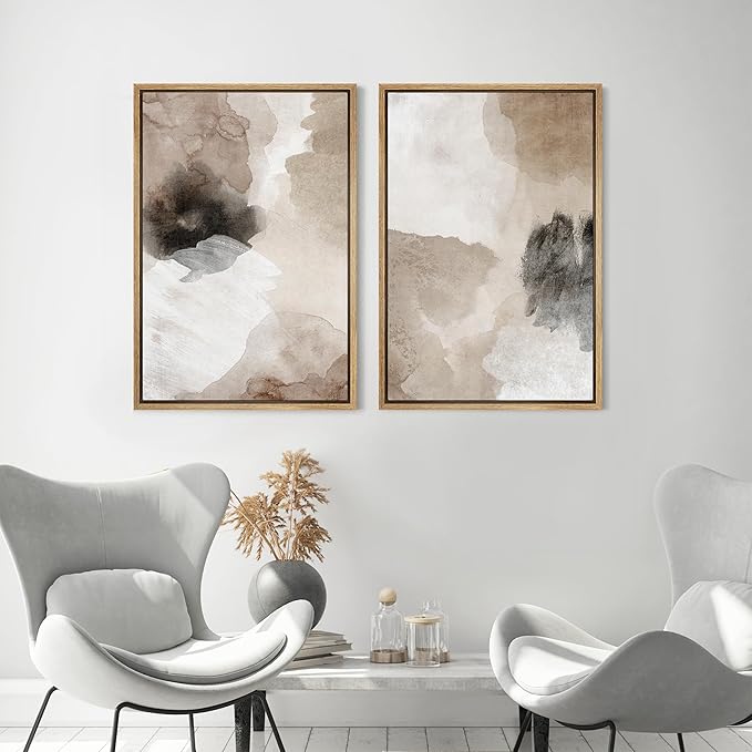 MUDECOR Framed Canvas Print Wall Art Watercolor Brown White Black Collage Abstract Shape Illustrations Modern Art Decorative Bohemian Colorful for Living Room, Bedroom, Office - 24"x36"x2 Natural