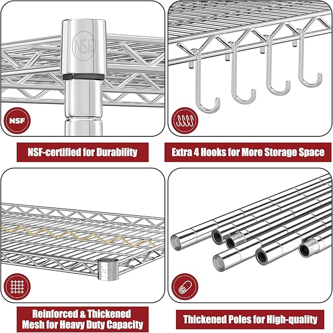 PrimeZone 4 Tier 55.5" Wx24 Dx76 H Wire Shelving with Wheels 2400lbs NSF Certified Storage Shelves Heavy Duty Metal Shelf Adjustable Rolling Rack Commercial Garage Restaurant Warehouse Chrome 3Pack