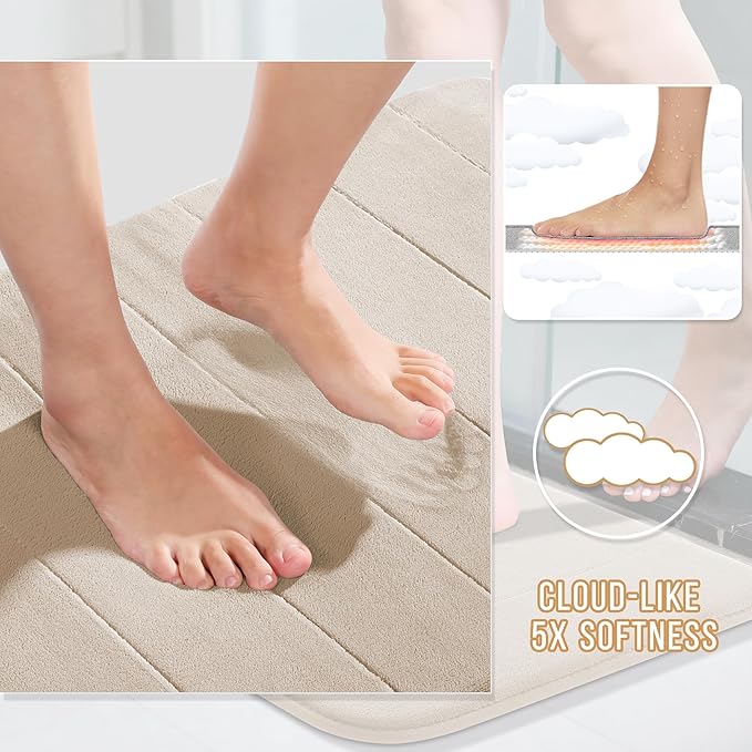 Yimobra 3 Pieces Memory Foam Bath Mat Set with U-Shaped Toilet Rug - Non Slip Super Soft Absorbent Quick Dry Bathroom Rugs for Bathtub, Vanity & Toilet Base, Beige