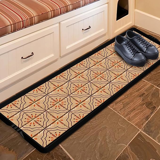 Mibao Boot-Tray Heavy Duty Rubber Shoe Mat with Lip Waterproof Shoe Tray for Entryway Indoor Outdoor Multi Use, Non-Slip Shoe Cleaning Shoe Storage with Artistic Prints, 16" x 47.5", Brown