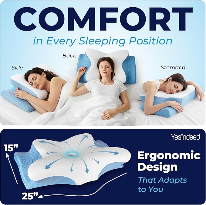 YESINDEED Pain Relief Cooling Pillow – Cervical Neck Support for Sleeping, Contoured Memory Foam Design for Neck and Shoulder Pain, Ergonomic Sleep Solution for Side Sleepers, Snoring, Posture