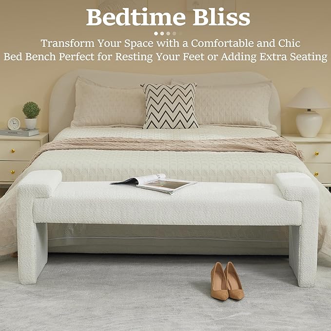 58.7" End of Bed Bench Upholstered Modern Bedroom Bench for Living Room & Entryway, Easy Assembly, Footrest Ottoman Accent Window Bench with Solid Wood Frame & Curved Arm, White