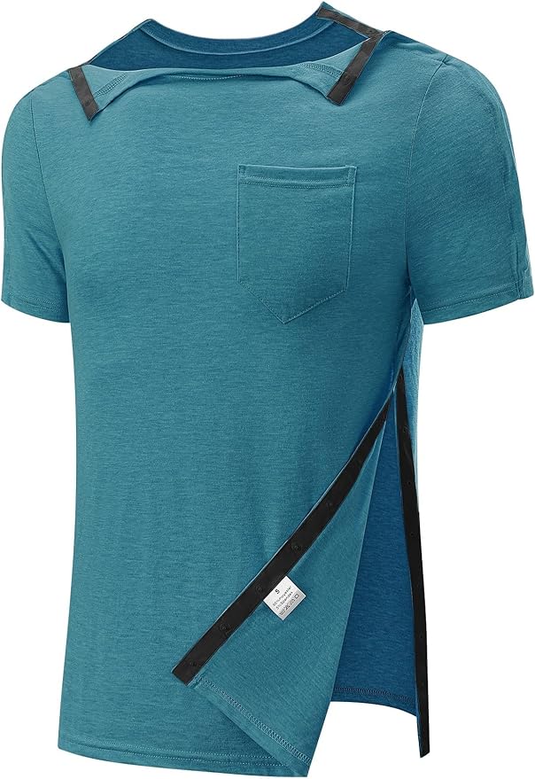 Poriff Men's Post Shoulder Surgery Recovery Shirts Full Tear Away Short Sleeve Snap Chemo Port Access Shirt
