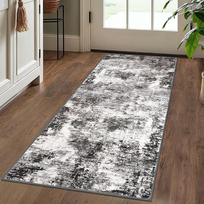 Modern Abstract Runner Rug 2x5, Grey Black Washable Kitchen Runner Entryway Rug Mat Non-Slip Soft Hallway Rug Runner Thin Print Faux Wool Carpet for Bedroom Laundry Room Indoor