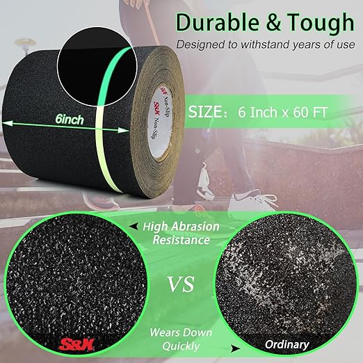 S&X Anti Slip Tape 6 Inch x 60 Ft, 2X Longer Heavy Duty Grip Tape with Glow-in-Dark Strip, Outdoor Stair Treads Non-Slip for Steps, Ramps, Boats, Decks, Non-Skid Safety, Long-Lasting