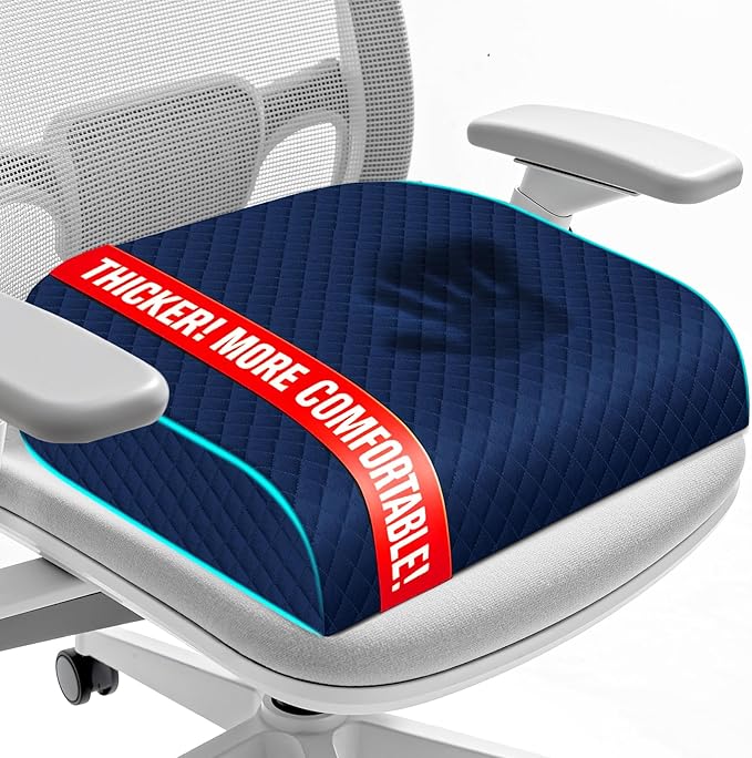 Seat Cushion, Memory Foam Chair Pad, Non-Slip Cushion for Office, Home, Car, Large Desk Chair Cushion, Washable Cover & Handle, Large, Blue