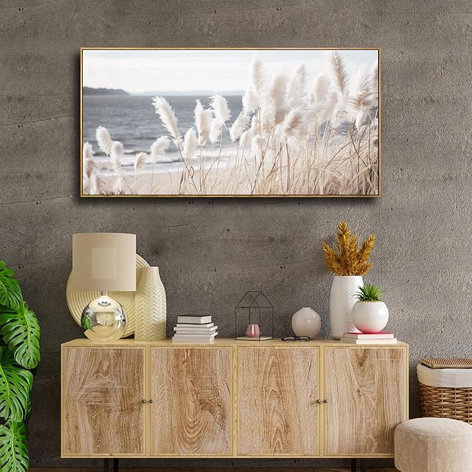 Framed Wall Art Artwork Decor Nature Canvas Painting ReedSeascape Wall Decor for Bedroom Living Room Decoration Home Kitchen Office 24" x 48"