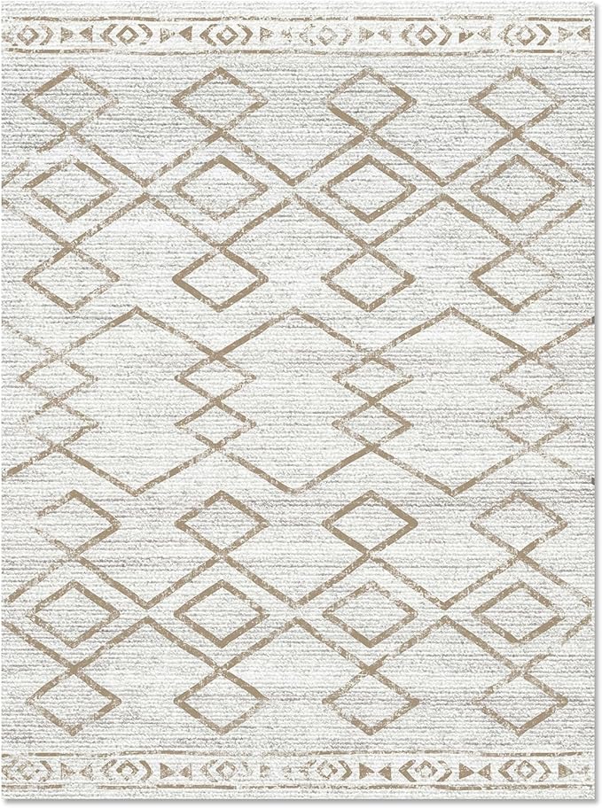 jinchan Moroccan 4x6 Area Rugs for Bedroom - Machine Washable Soft Modern Geometric Stain Resistant Non-Slip Ultra-Thin Low-Pile Faux Wool Carpet for Living Room Kitchen Dining Room (4x6ft, Taupe)