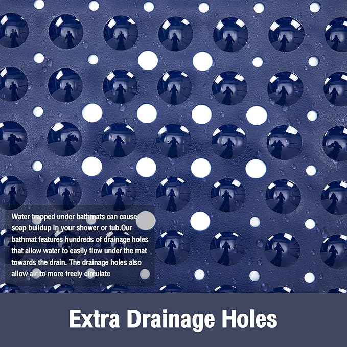 Extra Long Bathtub Mat Non Slip, Navy Blue Soft Bath Mat for Tub 40 x 16 Inch Full Size, Bath Tub Shower Mats for Bathroom Floor, Big Suction Cups and Drain Holes, Easy Washable, BPA Free