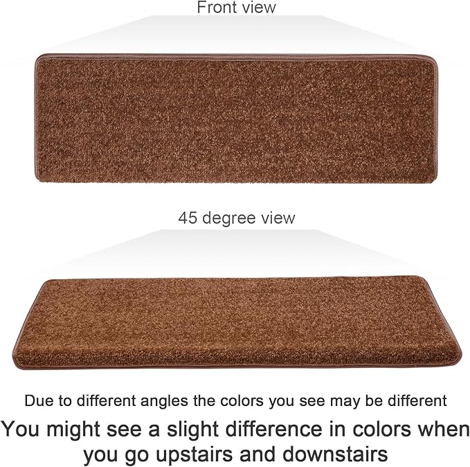 PURE ERA Bullnose Carpet Stair Treads Set Tape Free Non-Slip Indoor Stair Protectors Pet Friendly Rugs Covers Soft Skid Resistant Washable Reusable 9.5" x 30"(14 Pieces,Brown)