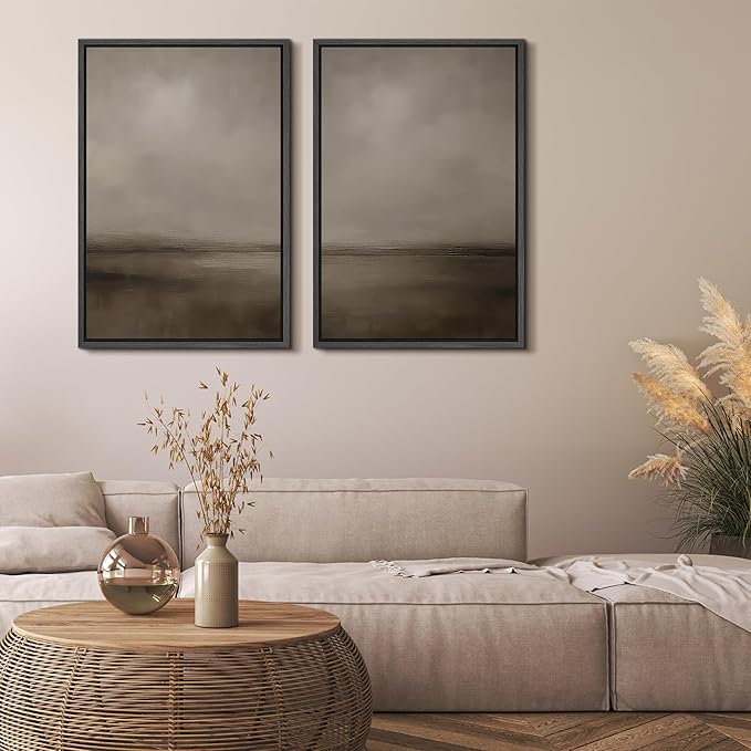 MUDECOR Framed Canvas Print Wall Art Abstract Brown and Taupe Modern Minimalist Misty Landscape Illustrations Modern Art Decorative Bohemian for Living Room, Bedroom, Office - 16"x24"x2 Black