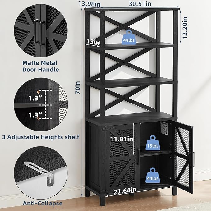 5 Tier Bookshelf 70" Tall Bookcase with Barn Doors,Large Farmhouse Display Book Shelf with Adjustable Shelves and Storage Cabinet，Library Wood Bookshelves for Living Room,Kitchen,Antique Black