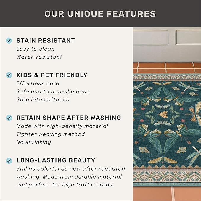 Insect Blue Green Living Room Rug 5x8 - Washable Area Rug for Bedroom, Dining Room, Kids Playroom, Home Office, Boho Butterfly Non Slip Stan Resistant