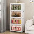 Storage Bins with Lids and Wheels, 180QT-45QT*4Tier Collapsible Bathroom Storage Cabinet with Clear Doors, Plastic Stackable Closet Organizers and Containers White