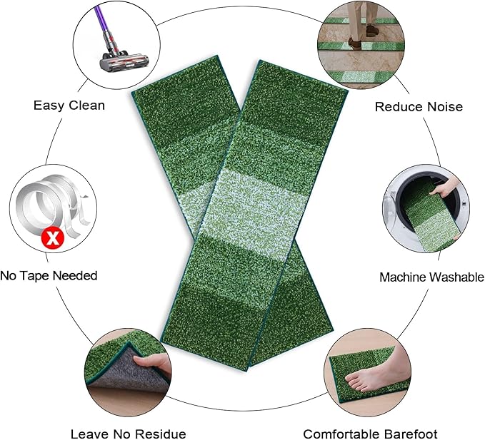 OLANLY Stair Treads Non Slip 15PCS, 8" x 30" Indoor Stair Runners for Wooden Steps, Edging Stair Rugs with Reusable Peel and Stick Adhesive for Kids Elders and Pets, Green