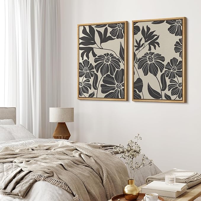 MUDECOR Framed Canvas Print Wall Art Monochrome Floral Botanical Black and White Illustrations Modern Art Decorative Bohemian Colorful Chic for Living Room, Bedroom, Office - 24"x36"x2 Natural