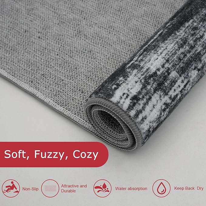 KOZYFLY Modern Abstract Hallway Runner Rug, 2x8 Washable Rug Runner Non-Slip Soft Striped Kitchen Runner Rugs, Black Navy Blue Grey Carpet Runner for Entryway Bathroom Laundry Room Foyer