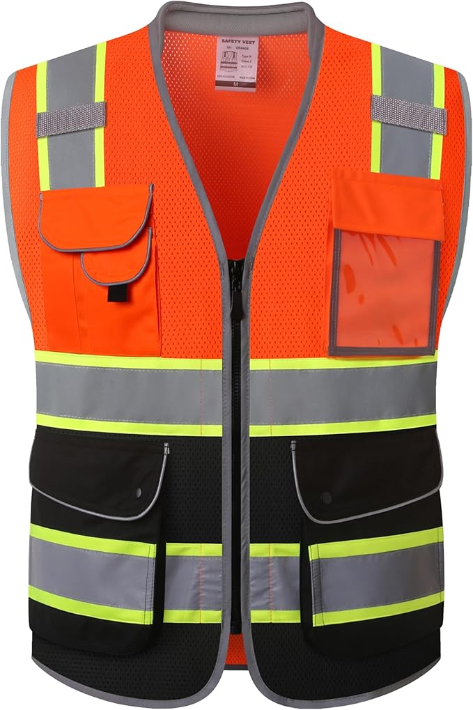 JKSafety 9 Pockets Hi-Vis Safety Vest High Visibility Reflecitive Mesh Safety Vests for Men and Women Cushioned Collar Work Utility PPE Work Gear ANSI/ISEA compliant Class 2 (101-OBlk M)