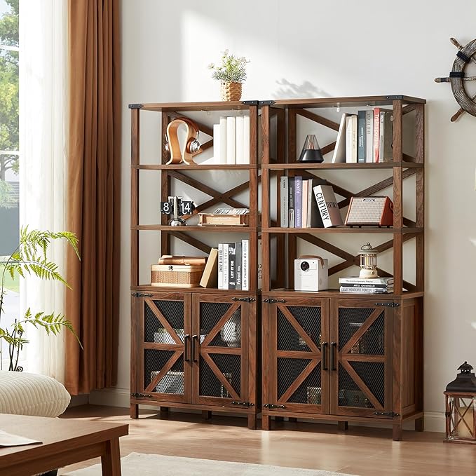 5 Tier Bookshelf 70" Tall Bookcase with Barn Doors,Large Farmhouse Display Book Shelf with Adjustable Shelves and Storage Cabinet,Wood Bookshelves for Living Room,Kitchen,Brown(2PCS)
