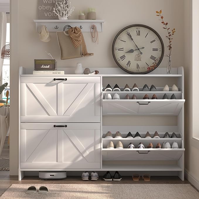 Shoe Cabinet with 4 Flip Drawers, Slim Narrow Shoe Storage Cabinet with Adjustable&Removable Shelves, Freestanding Wood Hidden Shoe Organizer for Entryway, Hallway (White)