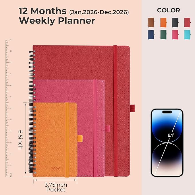Planner 2026 Daily Weekly and Monthly,6.5"x3.75",12 Months Spiral Bound Calendar Agenda with Self-adhesive Pen Holder,2026 Appointment Book with Vegan Leather Soft Cover,Orange