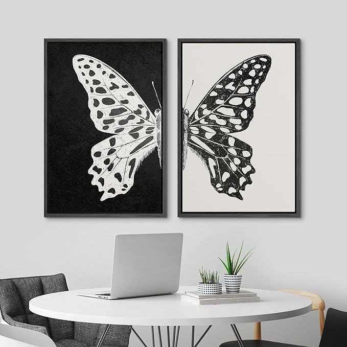 MUDECOR Framed Canvas Wall Art Black and White Butterfly Prints Minimalist Modern Art Boho Wall Decor for Bedroom - 16"x24"x2 Black