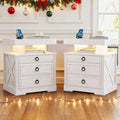 Gurexl Farmhouse Set of 2 Night Stand with Lockable Gun Drawer,LED Nightstand with Charging Station,Bedside Table with Human Sensor 3-Color Lights,End Table with 3 Drawers,Bedroom,White