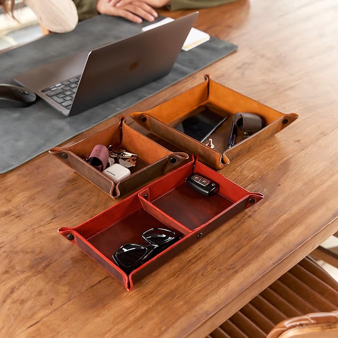 Handmade Leather Catch All Tray and Organizer for Keys, Phones, Jewels, Coins, Rectangular, Light Camel
