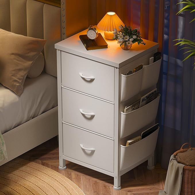 EnHomee Night Stand Set 2, Night Stand with Drawers for Bedroom, Bedside Table with Wooden Top, Sturdy Steel Frame End Table, Dorm Nightstand for Bedroom, Entryway, Hallway, Closet, Cloth Bags,White