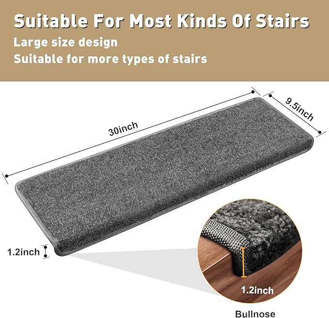 PURE ERA Bullnose Carpet Stair Treads Set Tape Free Non-Slip Indoor Stair Protectors Pet Friendly Rugs Covers Soft Skid Resistant Washable Reusable 9.5" x 30"(2 Pieces,Dark Gray)