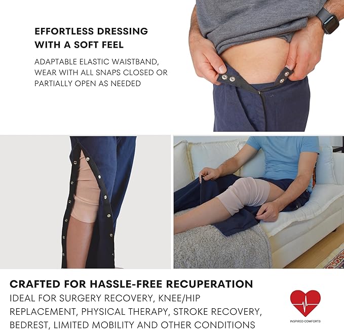 Inspired Comforts Unisex Tearaway Post Surgery Recovery Pajama Pants with Side Snaps & Pockets