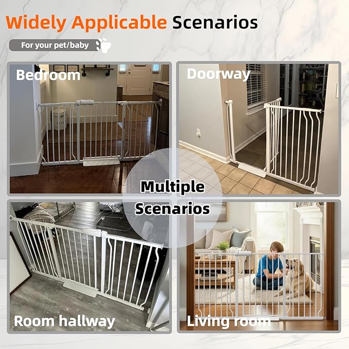 TSAYAWA Extra Wide Walk Through Baby Gate with Door, 62-67 Inch Wide Presure Mounted No Drill Metal Auto Close Child Gate for Stair Doorway - Indoor Outdoor Safty Gate for Toddler Dog Doggie, White