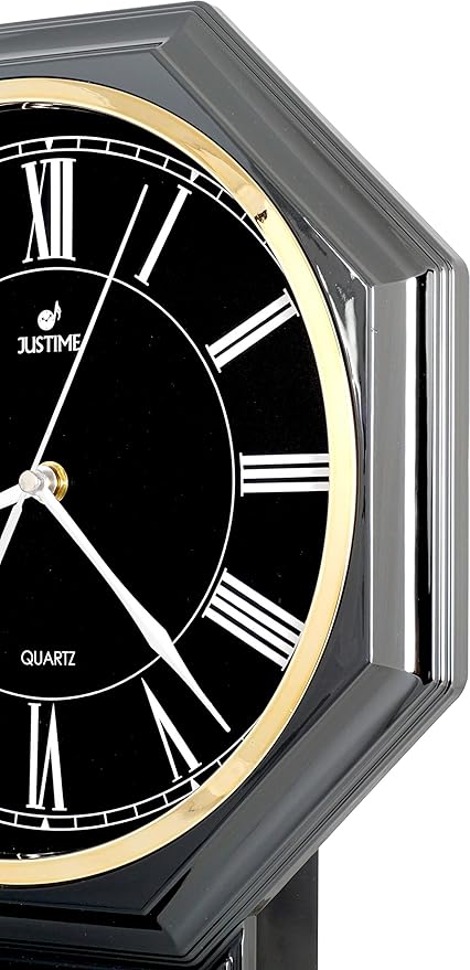 JUSTIME Traditional Schoolhouse Black & White Roman Regulator Wall Clock, Chiming Wall Clocks with Pendulum & Westminster Chime Hourly, Schoolhouse Wall Decor Battery Operated (Gun Metal)