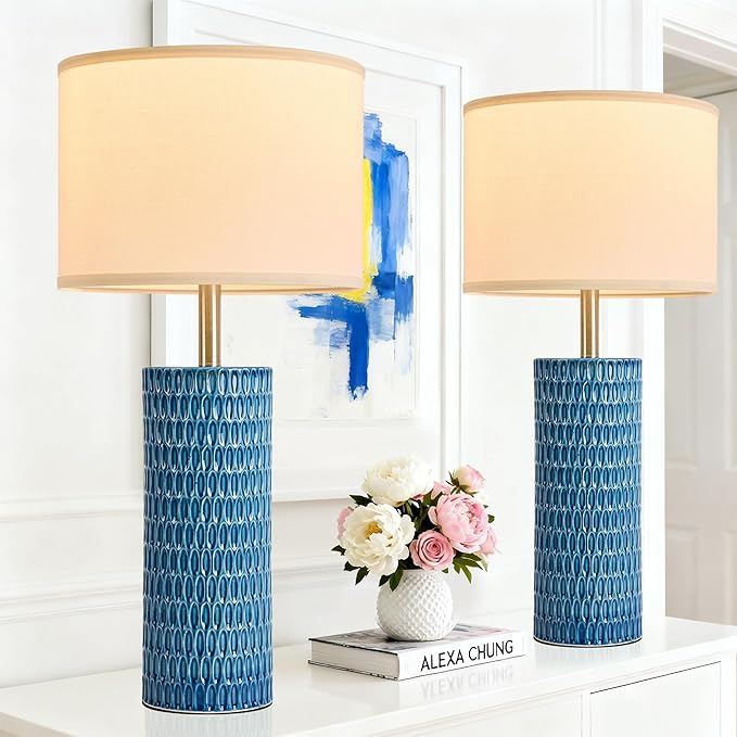 26.5" Ceramic Table Lamp, Table Lamp for Living Room, Blue Lamp for Bedroom, Night Stand Lamps, Modern Bedside Lamp Set of 2, End Table Lamps,Blue