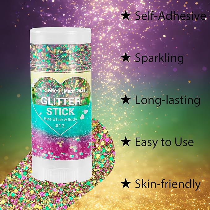 Mysense Mardi Gras Face Hair Body Glitter Stick,Mardi Gras Outfit for Women,Purple Green Gold Glitter Makeup,Festival Party Rave Accessories Sparkling Chunky Glitter
