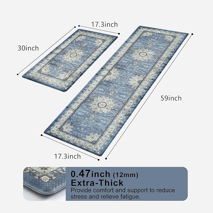 Collive Boho Kitchen Mat, Cushioned Anti Fatigue Kitchen Rug Set 2 Piece Non-Skid Waterproof Kitchen Mats for Floor, Comfort Heavy Duty Standing Mat for Kitchen, Laundry, Office, Desk(Blue)