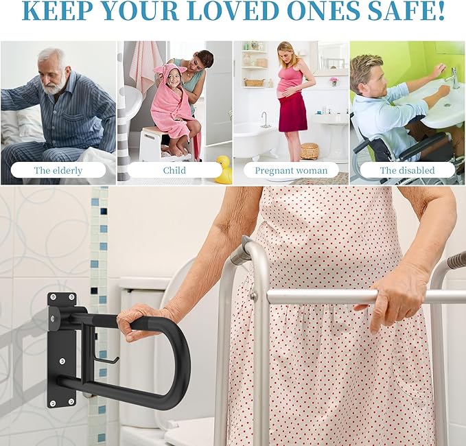 Toilet Grab Bar 22.4 Inch Black, Munzong Anti-Slip Handicap Grab Bars with Paper Holder, Flip-Up Bathroom Safety Rails, Stainless Steel Knurled Support handrails for Seniors Elderly Disabled Pregnant
