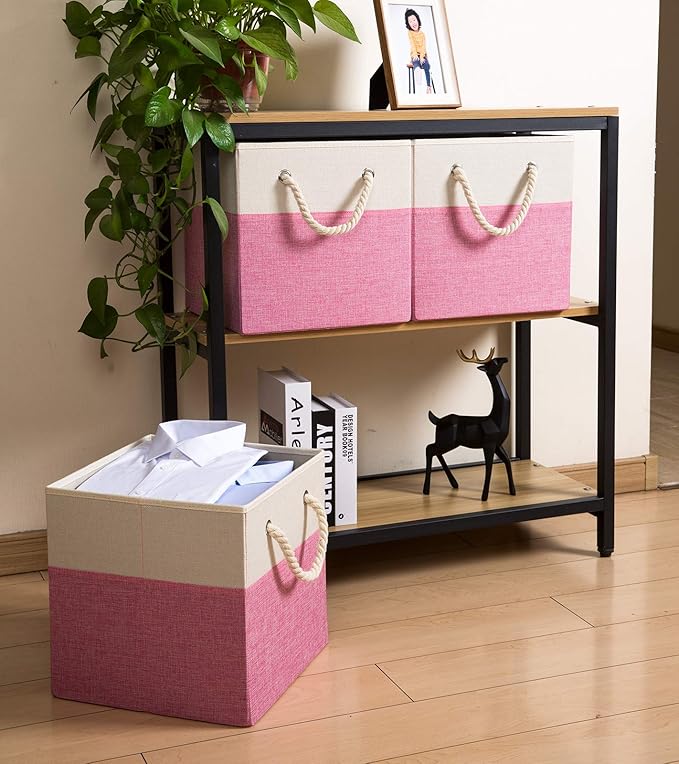 PRANDOM Large Foldable Cube Storage Bins 11x11 inch [2-Pack] Fabric Linen Storage Baskets Cubes Drawer with Cotton Handles Organizer for Shelves Nursery Closet Bedroom Pink