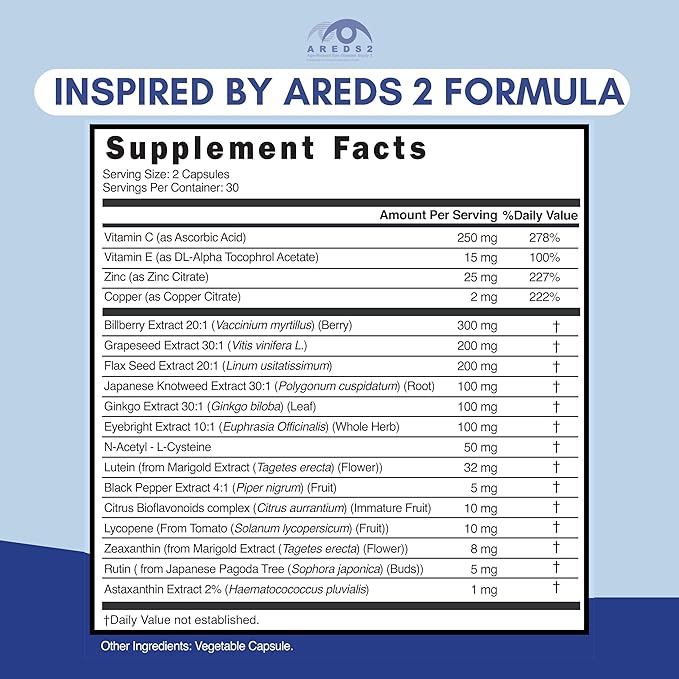 NOVEHA AREDS 2 Eye Vitamin & Mineral Supplement | Vision Support Formula with Lutein, Zeaxanthin, Bilberry, Eyebright & Grape Seed | Supports Eye Health & Macular Function (120 Capsules)
