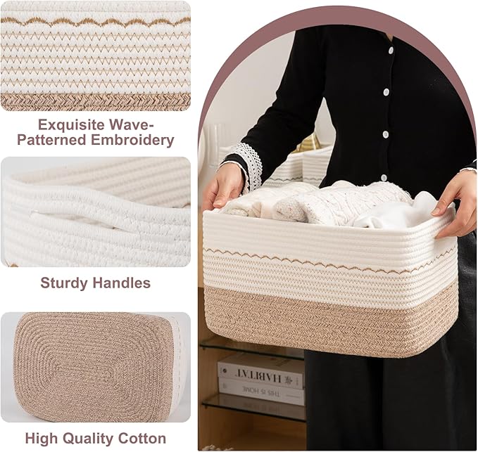 4 Pack Storage Baskets for Organizing, 15.75''x11.8''x7.87'', Decorative Cotton Rope Baskets with Wave-Patterned Embroidery, Small Woven Basket for Toys, Books and Towels, Brown&White