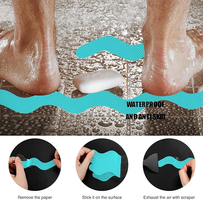 Anti Slip Shower Stickers, Adhesive Decals Safety Strips with Scraper for Bath Tub, Shower Floor, Stairs, 24 Pieces (Blue)