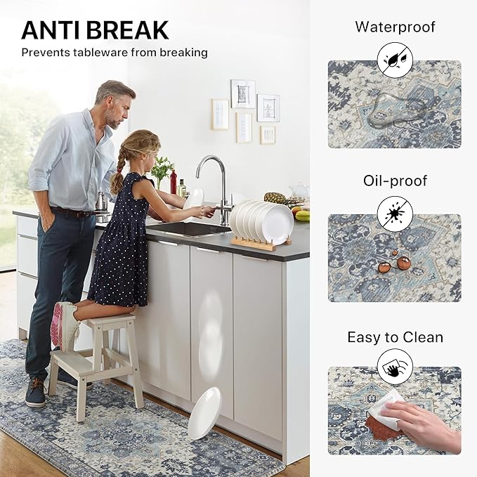 GENIMO Kitchen Mats for Floor 2PCs, Washable Anti Fatigue Mat for Cushioned, 17.3"x59"+17.3"x30", Waterproof Kitchen Rugs, Non Slip Comfort Standing Mat Rug for Home, Sink, Laundry, Center Blue