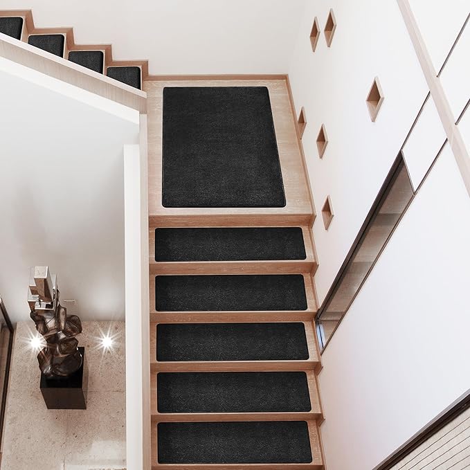 PURE ERA Carpet Stair Treads Ultra Plush 8 x 30 inch Soft Indoor Stair Protectors Pet-Friendly Non-Slip Skid Resistant Tape Free Washable Reusable(7 Pieces,Black)