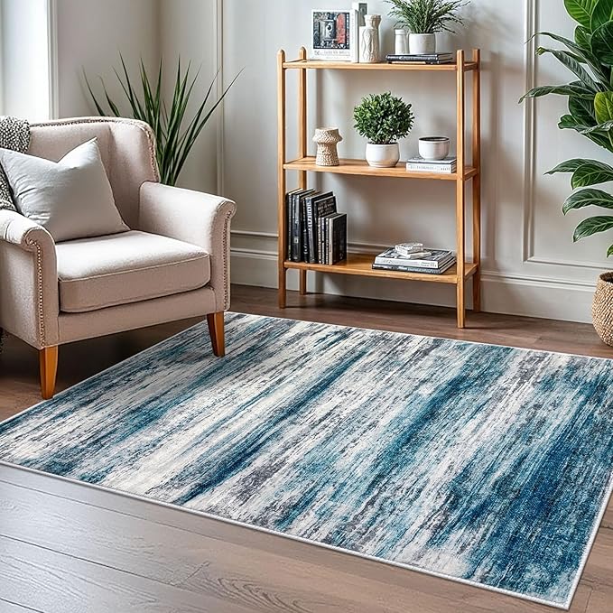 KOZYFLY Modern Abstract 3x5 Entryway Rug Non-Slip Washable Area Rug, Blue Throw Rugs Indoor Mat for High-Traffic Door Entrance, Kitchen, Laundry, Nursery, Soft Bedroom Living Room Accent